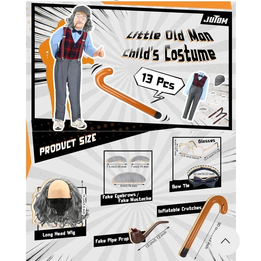 Child Size 7-9 Yr Old Old Man Costume Set 100 Days Of School 11 Pc Set